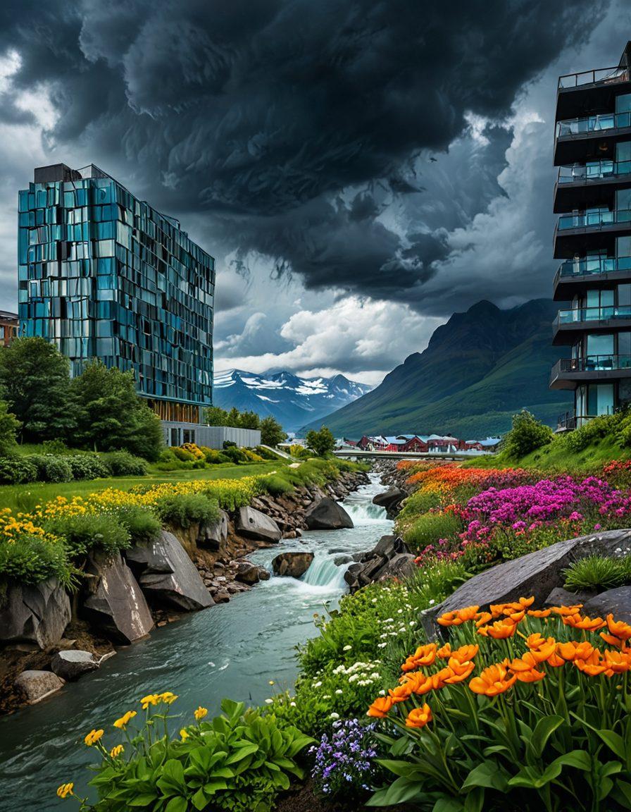 A dynamic landscape illustrating the contrast between extreme weather patterns and their effects on everyday life, featuring stormy skies on one side and sunny, flourishing nature on the other. Include elements like a melting glacier, a bustling city adapting with green roofs, and farmers in the field. The imagery should evoke the urgency and beauty of our planet's climate shifts. surrealism. vibrant colors. 3D.