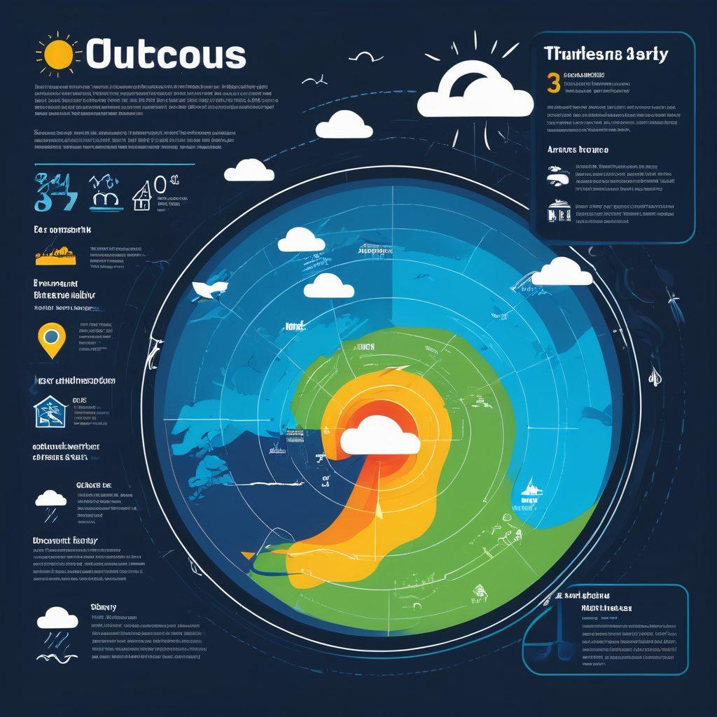 A visually engaging infographic illustrating severe weather alerts, featuring icons of thunderstorms, tornadoes, and floods. Include a backdrop of a community in preparation, with residents checking local forecasts on their devices. Use bold colors to highlight urgency and clarity, with weather radar imagery integrated. Highlight the importance of community readiness and information access. bright colors. vector art. infographic style.