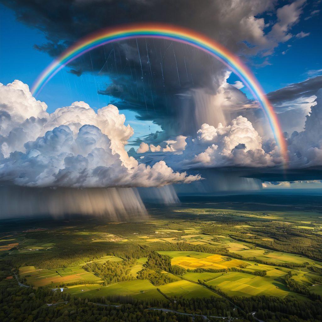 A breathtaking aerial view of diverse weather patterns in a vibrant sky, showcasing a beautiful juxtaposition of sunny skies, storm clouds, and a rainbow. Include meteorological symbols like wind arrows and rain droplets floating in the atmosphere, with dynamic data charts subtly integrated into the clouds. The scene conveys a sense of exploration and insight into nature's phenomena. digital painting. vibrant colors. 3D.